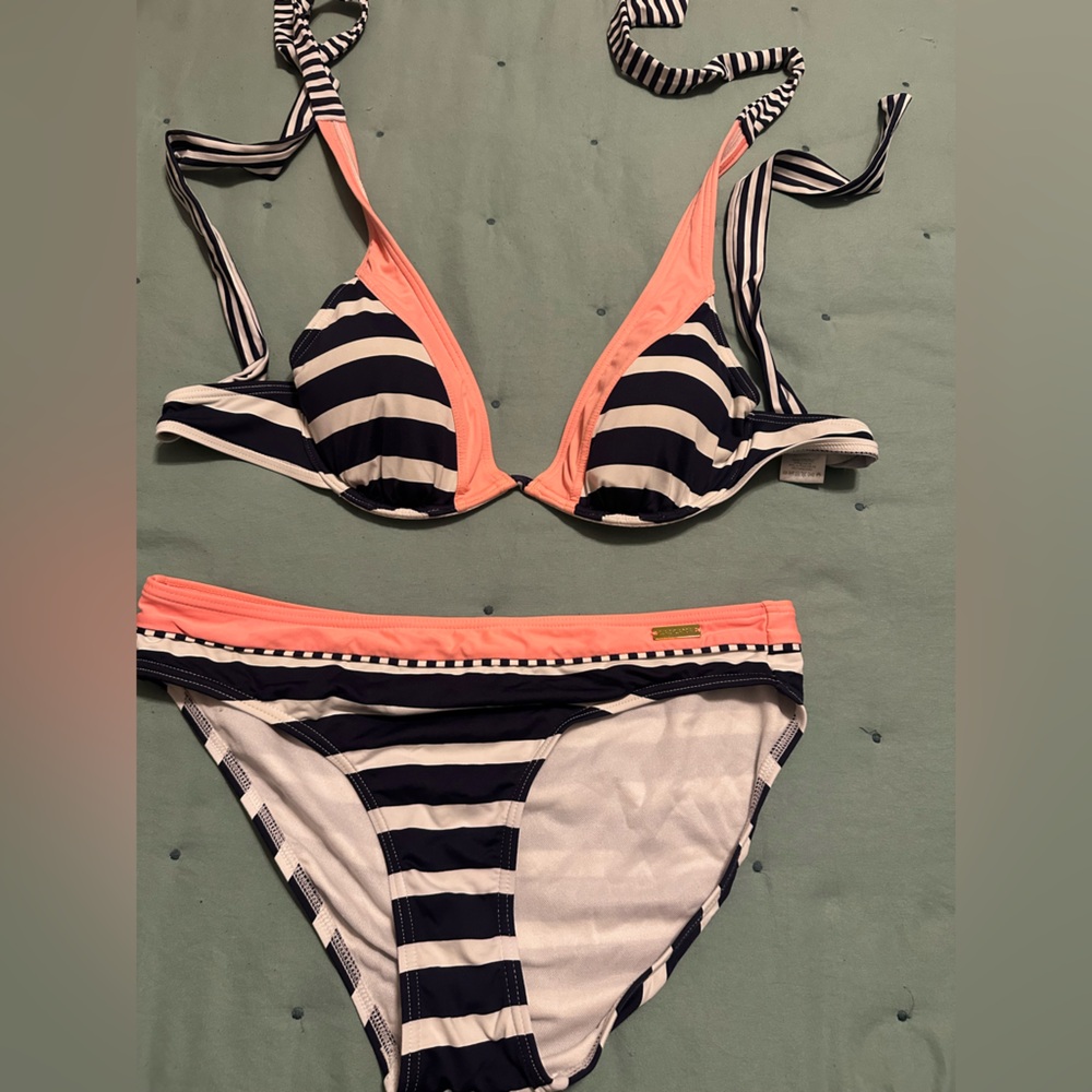 VENUS Navy and Pink Striped Bikini